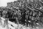 Germany, Third Reich - Nuremberg Rally 1934 Adolf Hitler taking the salute of formations of the Reich Labour Service. Germany, Third Reich - Nuremberg Rally 1934 Adolf Hitler taking the salute of formations of the Reich Labour Service.
