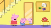 Peppa (li.) und Schorsch (re.) haben Spaß an dem Suchspiel mit Papa. Zum Schluss müssen sie noch etwas Blaues finden. Peppa und Schorsch können nichts finden, bis Schorsch einen Blick in den Spiegel wirft - seine Kleidung ist ja blau! Peppa (li.) und Schorsch (re.) haben Spaß an dem Suchspiel mit Papa. Zum Schluss müssen sie noch etwas Blaues finden. Peppa und Schorsch können nichts finden, bis Schorsch einen Blick in den Spiegel wirft - seine Kleidung ist ja blau!