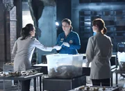 Gemeinsam mit Daisy Wicks (Carla Gallo, l.) und Jessica Warrens (Laura Spencer, r.) macht sich Brennan (Emily Deschanel) nach dem Bombenanschlag auf das Jeffersonian an die Aufr&auml;umarbeiten und die T&auml;tersuche.