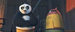 Meister Shifu (unten) sucht nach Mitteln und Wegen, um dem ungelenkigen Pandab&auml;ren Po (oben) die Kunst des Kung Fu-Kampfes beizubringen ...