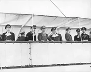 Adolf Hitler and Nazi politicians watching the launch of the battleship 'Bismarck' from the state yacht 'Hamburg' (b/w photo); photo features from left to right: Joachim von Ribbentrop; Heinrich Himmler; Adolf Hitler; Hermann Goering; Rudolf Hess; the grandson of Otto von Bismarck and Erich Raeder; Adolf Hitler and Nazi politicians watching the launch of the battleship 'Bismarck' from the state yacht 'Hamburg' (b/w photo); photo features from left to right: Joachim von Ribbentrop; Heinrich Himmler; Adolf Hitler; Hermann Goering; Rudolf Hess; the grandson of Otto von Bismarck and Erich Raeder;
