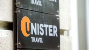 Firmenschild &bdquo;Unister-Travel&ldquo; am Unternehmenssitz in der Leipziger City. Die Firma war eine Tochter von Unister. Zu &bdquo;Unister Travel&ldquo; geh&ouml;rten u.a. Marken wie ab-in-den-urlaub.de und fluege.de