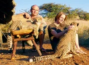 Simon King und Marguerite Smits van Oyen mit ihren beiden Gepardenwaisen Toki und Sambu. Simon King und Marguerite Smits van Oyen mit ihren beiden Gepardenwaisen Toki und Sambu.