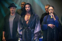 In front L-R: Rocky Balboa (Sylvester Stallone), Adonis Johnson (Michael B. Jordan) and Bianca (Tessa Thompson)