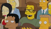 Die Einwohner von Springfield und viele Mitarbeiter der Hollywood-Industrie wie Seth Rogen (M.) verfolgen gespannt den Prozess gegen Homer wegen Internet-Piraterie ...