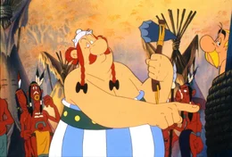 Obelix (li.) fordert die Freilassung von Miraculix und Asterix (re.)