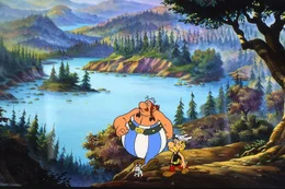 (V.li.) Obelix, Hund Idefix und Asterix entdecken ein neues Land: Amerika.