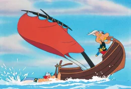 Asterix (re.) und Obelix folgen Miraculix und seinen Entf&uuml;hrern in einem Fischerboot.