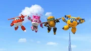 Einem Kran geschieht ein Missgeschick und der ganze Turm droht einzust&uuml;rzen. Jett, Dizzy, Todd und Donnie (v.l.n.r.) sind sogleich zur Stelle.