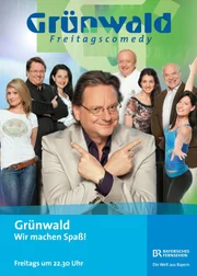 Im September startet G&uuml;nter Gr&uuml;nwald (vorne Mitte) in die neue Staffel der Freitagscomedy. Tatkr&auml;ftig unterst&uuml;tzen werden ihn in den n&auml;chsten Monaten seine Kabarett-Kollegen Nadja Maleh (3. von links) und Helmut Schleich (2. von links), Spitzenkoch Alfons Schuhbeck (4. von rechts), die Gymnastik-Expertin Johanna Fellner (rechts), Au&szlig;enreporterin Natalie Langer (links) sowie Rosetta Pedone (3. von rechts) und Hans-J&uuml;rgen Silbermann (2. von rechts).