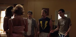 L-R: Danielle (Denise Faye),  Amber (Lisa Arturo), Jim (Jason Biggs), Finch (Eddie Kaye Thomas), Stifler (Seann William Scott)