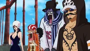 Nico Robin (l.), Usopp (2.v.l.), Trafalgar D. Law (r.)