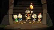 L-R: Louie Duck, Dewey Duck, Scrooge McDuck, Webby Vanderquack, Huey Duck