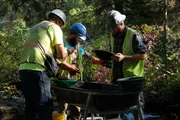 Johnny Stanz, Fred Lewis and Kendell Madden looking at gold pans Johnny Stanz, Fred Lewis and Kendell Madden looking at gold pans