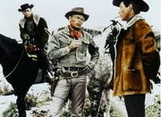 Nach Jahren sehen sich Wexler (DeForest Kelley, l.), Hollister (Richard Widmark, M.) und Wade (Robert Taylor) wieder.