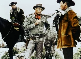Nach Jahren sehen sich Wexler (DeForest Kelley, l.), Hollister (Richard Widmark, M.) und Wade (Robert Taylor) wieder.