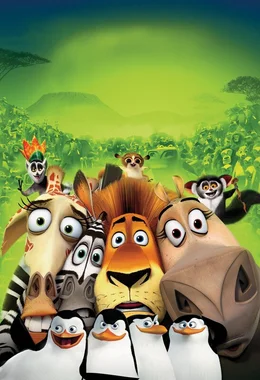 Auf dem Weg nach Hause: Alex (2.v.r.), Gloria (r.), Marty (2.vl.), Melman (l.), die Pinguine (vorne) und die &Auml;ffchen (hinten) ...
