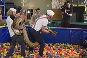Mit einer Riesenschlange im Kinderland: Johnny Knoxville (2.v.r.), Bam Margera (2.v.l.) und Chris Pontius (l.) ...