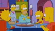 Kritisch betrachten die Simpsons die Datenbrille, die Homer (M.) von seinem Vorgesetzten Mr. Burns im Kernkraftwerk zu Weihnachten geschenkt bekommen hat. (V.l.n.r.): Maggie, Marge, Homer, Lisa und Bart Simpson ...