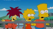 Lisa (M.) und Bart (r.) sind entsetzt, als sie bemerken, dass Tingeltangel-Bob (l.) Chef des Forschungszentrums der Firma Monsamo ist ...