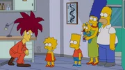 Lisa (2.v.l.) hat durch eigene Forschungen herausgefunden, dass gentechnisch ver&auml;nderte Lebensmittel gar nicht so schlimm sind, wie alle immer behaupten. Darum darf sie mit Bart (3.v.l.), Homer (r.), Marge (2.v.r.) und Maggie (3.v.r.) das Forschungszentrum der Firma Monsamo besuchen, dessen Chef zu ihrer gro&szlig;en &Uuml;berraschung Tingeltangel-Bob (l.) ist ...