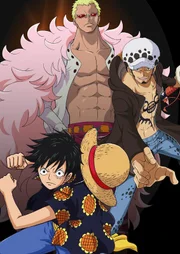 (v.l.n.r.) Monkey D. Ruffy; Don Quichotte de Flamingo; Trafalgar D. Water Law