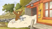 Als Dachs und Dr. Brumm die Tür öffnen, kommen riesige Mengen Popcorn nach draußen. Als Dachs und Dr. Brumm die Tür öffnen, kommen riesige Mengen Popcorn nach draußen.