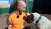 Florian Vogel, Leiter der Hundepension, mit einem seiner Sch&uuml;tzlinge. In der Flughafen-Hundepension k&ouml;nnen Hundebesitzer ihre Tiere abgeben, bevor sie in den Flieger steigen.