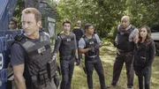 L-R:  Steve McGarrett (Alex O'Loughlin); Adam Noshimuri (Ian Anthony Dale); Junior Reigns (Beulah Koale); Lou Grover (Chi McBride); Tani Rey (Meaghan Rath)