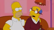Nachdem Lisas Meerschweinchen das sch&ouml;ne Gem&auml;lde &uuml;ber dem Wohnzimmersofa der Simpsons zerst&ouml;rt hat, besorgt Homer (l.) Ersatz bei einem Garagenverkauf, den Kirk van Houten (r.) organisiert ...