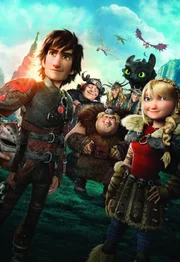 DRACHENZ&Auml;HMEN LEICHT GEMACHT 2 - Artwork - Hicks (l.) und sein Drache Ohnezahn (r. hinten) m&uuml;ssen verhindern, dass der skrupellose Drago Blutfaust die Wikingerinsel Berk angreift. Kann er auf die Hilfe seiner Freunde Rotzbakke (2.v.l.), Fischbein (M.), Astrid (r.), Taffnuss (hinten l.) und Raffnuss (hinten r.) z&auml;hlen?