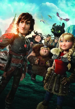 DRACHENZ&Auml;HMEN LEICHT GEMACHT 2 - Artwork - Hicks (l.) und sein Drache Ohnezahn (r. hinten) m&uuml;ssen verhindern, dass der skrupellose Drago Blutfaust die Wikingerinsel Berk angreift. Kann er auf die Hilfe seiner Freunde Rotzbakke (2.v.l.), Fischbein (M.), Astrid (r.), Taffnuss (hinten l.) und Raffnuss (hinten r.) z&auml;hlen?