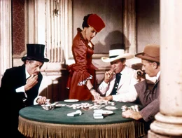 v.li.: Jeff Blair (John Carradine), Guinevere Plantagenet (Elizabeth Allen), Wyatt Earp (James Stewart), Doc Holliday (Arthur Kennedy)