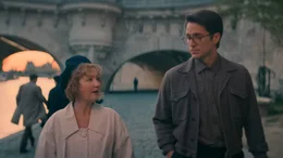 l-r: Ada Harris (Lesley Manville), Andr&eacute; Fauvel (Lucas Bravo)