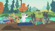 Gemeinsam schlagen die Ziegen und die Hunde dem Troll vor, die Br&uuml;cke einfach zu reparieren.