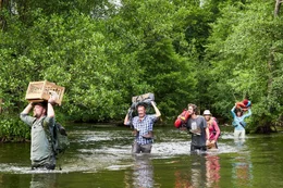 Teamleiter Jochen (Stephan Zinner, l.) f&uuml;hrt Gregor (Michael Roll, 2.v.l.), Nick (Felix Hellmann, M.), Saskia (Michelle Monballijn, 2.v.r.) und Gitti (Adele Neuhauser, r.) durch einen Fluss.
