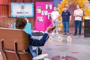 V.l.: Ali Bouklloua, Florian Wienen und Alexander Ma&szlig;en pr&auml;sentieren mit "Aki" den "L&ouml;wen" mit DOGSCAN die Lungenkrebsfr&uuml;herkennung mit Hilfe von Hunden. Sie erhoffen sich ein Investment von 500.000 Euro f&uuml;r 10 Prozent der Firmenanteile.