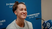 Schwimmerin Megan Romano (USA) bei der Pressekonferenz vor den Enhanced Games im Mai 2026.