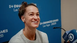 Schwimmerin Megan Romano (USA) bei der Pressekonferenz vor den Enhanced Games im Mai 2026.