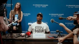 100-Meter-Sprinter Fred Kerley (USA) bei der Pressekonferenz vor den Enhanced Games im Mai 2026.