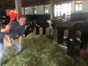 Checker Tobi mit einer selbstgebauten Kuhpups-Fang-Maschine im Kuhstall.
