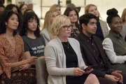 LAW & ORDER: SPECIAL VICTIMS UNIT -- "Swimming With The Sharks" Episode 21015 -- Pictured: (l-r) Ayumi Patterson as Sequoia Rees, Samantha Mathis as Melanie Franks, Eshan Bay as Vinay Gupta -- (Photo by: Heidi Gutman/NBC)