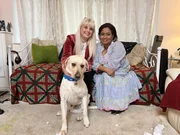 Pet Psychic Beth Lee-Crowther with contributor Shaila Haque-Brand and Lebu the dog