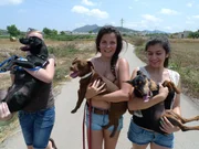 Maja, Louisa und Buse bei ihrem sozialen Projekt: Gassi gehen mit den Hunden vom Tierheim.