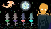 Der Oktopus legt Musik auf, die Haie tanzen, der Hammerhai schaut zu.