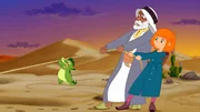 Lilli und Hektor ziehen zusammen mit dem Stammesführer Abu mit einem Seil aus Treibsand. Lilli und Hektor ziehen zusammen mit dem Stammesführer Abu mit einem Seil aus Treibsand.