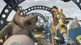 Nilpferd Gloria (l.) und Giraffe Melman (r.), wollen mit ihren Freunden Alex und Marty Madagascar verlassen und wieder nach New York in ihren Zoo zur&uuml;ckkehren. Daf&uuml;r reparieren sie an abgest&uuml;rztes Flugzeug. Doch es kommt ganz anders als geplant ...