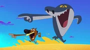 Zig (l.) und Sharko lassen Bernie bei dem Spiel hinter sich und haben auch noch Zeit, um ihn auszulachen.