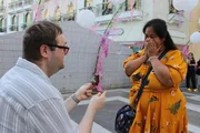 Sheena Pe&ntilde;aranda covers her mouth in surprise when Forrest McKenzie proposes to her.