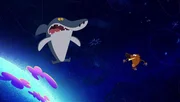 Sharko (l.) und Zig k&ouml;nnen mit dem H&uuml;pfspa&szlig; gar nicht mehr aufh&ouml;ren und katapultieren sich dabei ins Weltall.